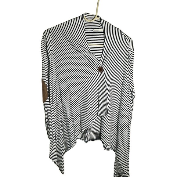 Cherish Asymmetrical 1 Button Cardigan Sweater Navy White Elbow Patches Size S - Picture 1 of 6